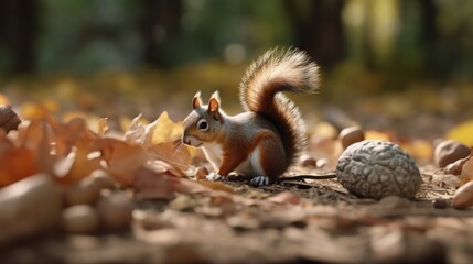 A squirrel gathering and hiding nuts for the winter