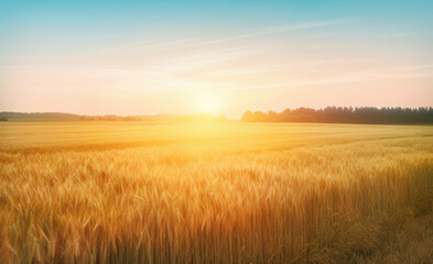 Fototapeta na wymiar Golden field of wheat under bright morning sunlight. Realistic generative AI illustration