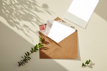 Beige paper envelope with photography mock up, green branch under shadows. Collection of greeting cards, postcard, invitation.