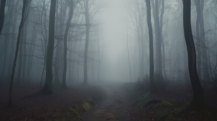 The eerie silence of a fog-covered forest