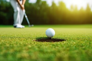 close up macro golf player putting golf ball into hole