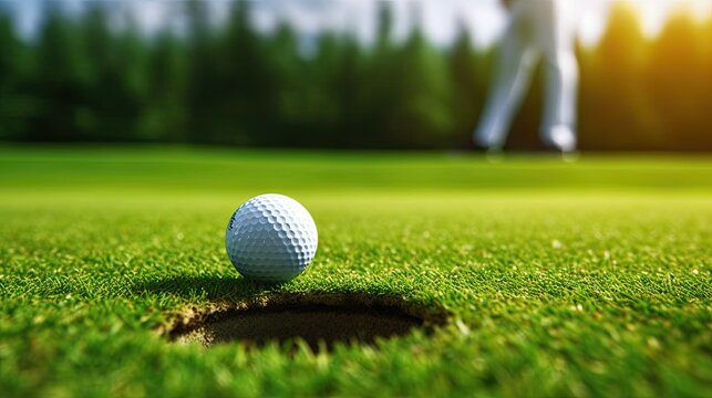 close up macro golf player putting golf ball into hole