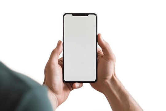 Phone mockup in hand - clipping path, Studio shot of smartphone with blank white screen for web site design, app for mobile phone and advertisement, Isolated design element white background