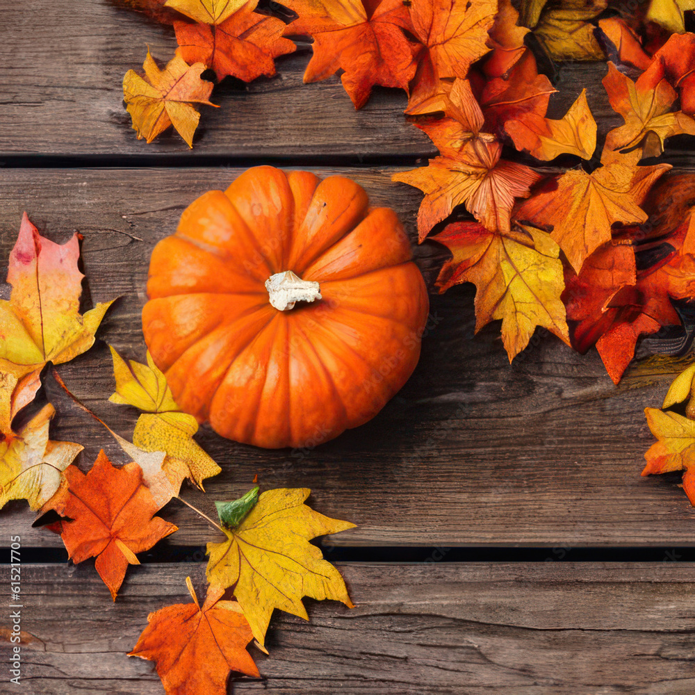 Poster ai generative pumpkin and autumn leaves on wooden background