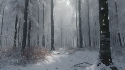 Naklejka premium The quiet falling of snow in a silent winter forest