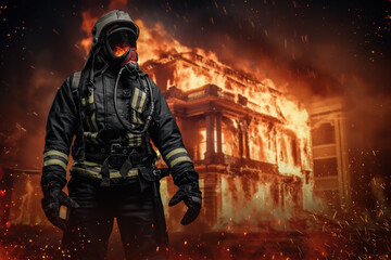 Naklejka premium A courageous firefighter in protective gear and oxygen mask stands surrounded by flames and sparks in front of a burning building
