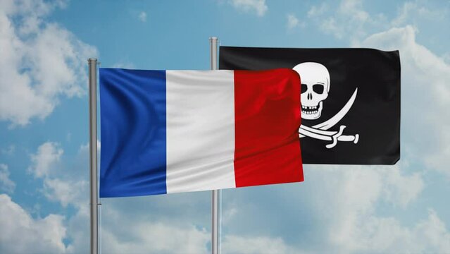 France flag and corsair flag waving together in the wind on blue sky, cycle looped video