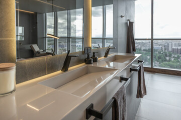 cool expensive interior design of room in prestigious luxury hotel with dark tones with modern LED...