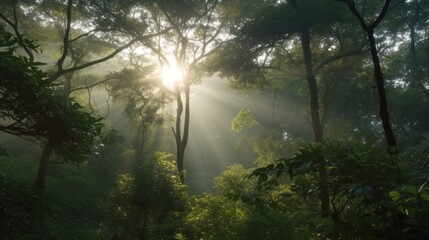 The sun breaking through the forest canopy in the morning