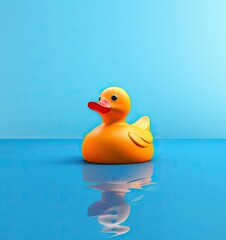 Isolated yellow rubber duck on a blue background. Copy space created with Generative AI technology