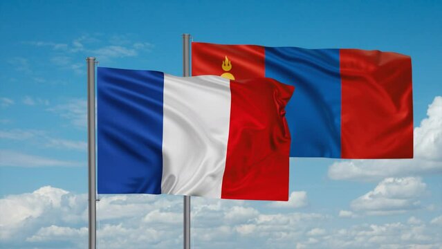 Mongolia and France flag waving together in the wind on blue sky, cycle looped video, two country cooperation concept