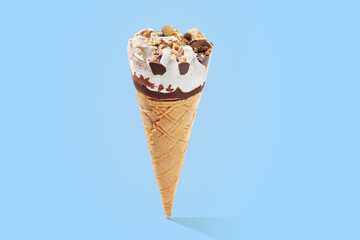 Strawberry cream with cone on blue pastel background