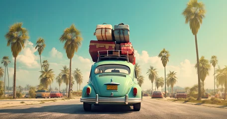 Fotobehang Retro car on the summer beach with luggage on its roof and essential travel items. © Photo And Art Panda