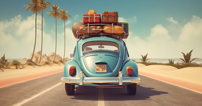 Retro car on the summer beach with luggage on its roof and essential travel items.