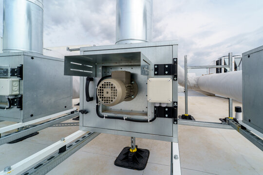 The air conditioning system of a industrial building is located on the roof