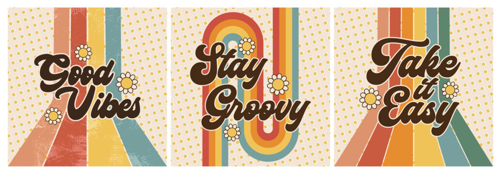 Retro Flower Power, 70s Era Boho Rainbow Stripe Line Pattern, Positive Saying Poster, Good Vibes, Stay Groovy, Take it Easy, Abstract Graphic Design, Vintage Floral Art, Bold Word, Bohemian Artistic