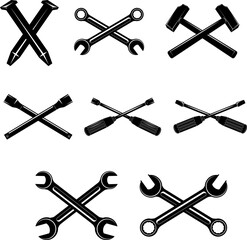 Set silhouettes of tools. Open-end wrench, adjustable wrench, spanner, hammer