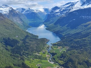 Fototapeta premium Panoramic view of lake lovatnet from mountain Hoven.Norway