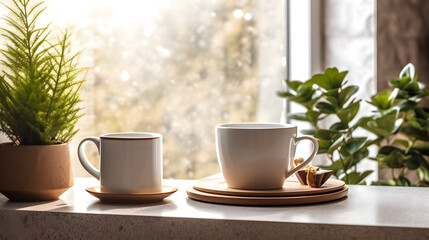 Obraz na płótnie Canvas cup of coffee on a windowsill. Generative AI