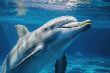 friendly and beautiful dolphin swimming through the oceans, , beautiful background, ocean floor, ai generated.