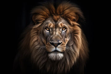 Fototapeta premium lion, front view, ]black background, hyperrealistic photography, ai generated.
