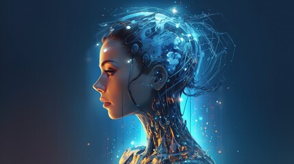 Cyborg girl portrait , artificial intelligence Digital brain . Fantasy concept , Illustration painting.