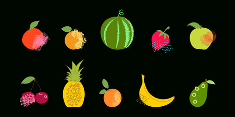 Set of fruits in flat style, illustration with texture. Pineapple, banana, cherry, orange and other fruits.
