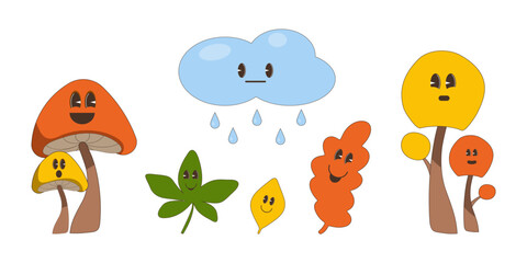 Autumn characters. Mushrooms, leaves, trees with faces. Vector illustration in cartoon retro style.