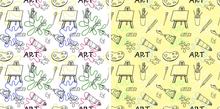 Drawn vector seamless art pattern. Drawing. Everything for drawing. Artist. Pattern. Fabric print. Brushes. Easel. Paints. Wrapping paper. Sketch.