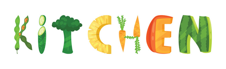 Obraz premium Veggie English Kitchen Word with Alphabet Letters Made from Fresh Fruit and Vegetables Vector Set