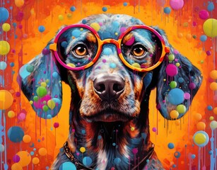 A vibrant and lively painting capturing the essence of a brightly colored dog, radiating joy and energy with its vibrant hues