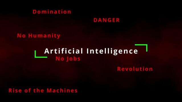 Danger of Artificial Intelligence tag cloud and word cloud with artificial intelligence terms like neural networks, conversational, ethical or human friendly algorithms contrast threats or domination