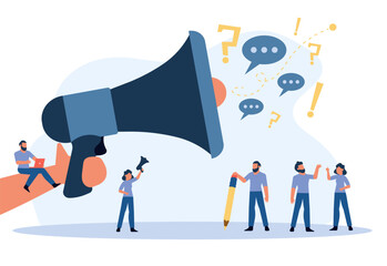 People announce advertising with megaphone vector illustration. Awareness focus loud speaker man and woman. Business banner marketing group media. Speech news promotion network leadership poster - obrazy, fototapety, plakaty