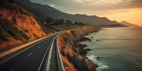Fototapeta premium Highway landscape at colorful sunset. Road view on the sea. colorful seascape with beautiful road. highway view on ocean beach. coastal road in europe. Colorful seascape in the Mediterranean.