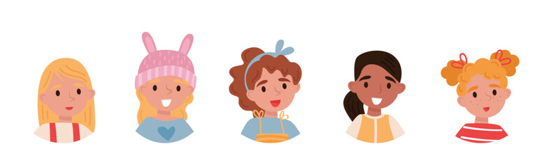 Little Girl Character Head as Avatar with Smiling Face Vector Set