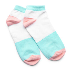 Pair of colorful cotton socks on white background