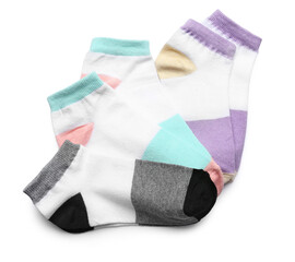 Set of different cotton socks on white background
