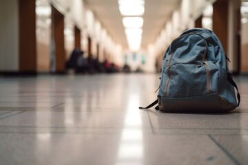 School backpack on the floor in the School hallway corridor - obrazy, fototapety, plakaty