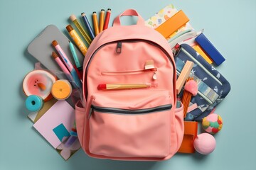 School backpack with stationery - obrazy, fototapety, plakaty