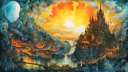 Artistic watercolor paintings of a fantasy world . Fantasy concept , Illustration painting.