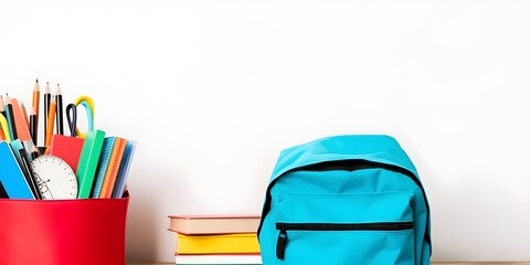 School stationery and backpack on white background