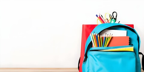 School stationery and backpack on white background