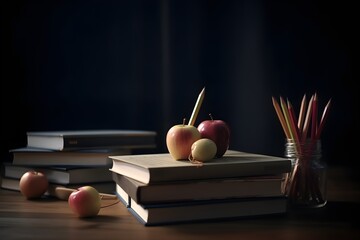 Stack of books and apple on table