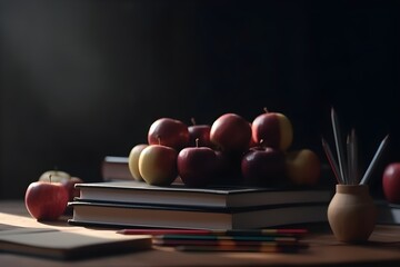 Stack of books and apple on table