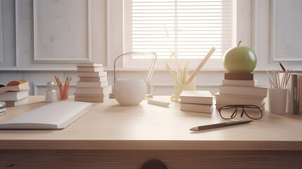 stationery and apples on Wooden desk