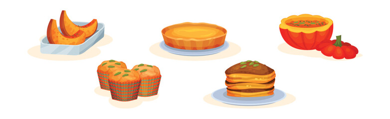 Tasty Orange Pumpkin Food and Cooked Dish Vector Set
