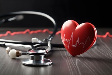 Stethoscope and red heart on wooden table - obrazy, fototapety, plakaty