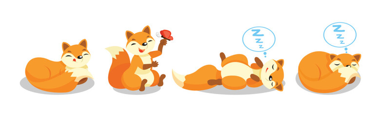 Cute Red Fox Animal with Bushy Tail in Different Pose Vector Set