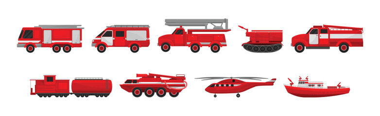 Red Transportation for Firefighting or Fire Extinguishing Vector Set