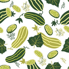 Seamless summer pattern with cucumbers and dill for textile prints and pickles packs hand drawn doodle vector illustration on white background. Cucumbers repeatable pattern.